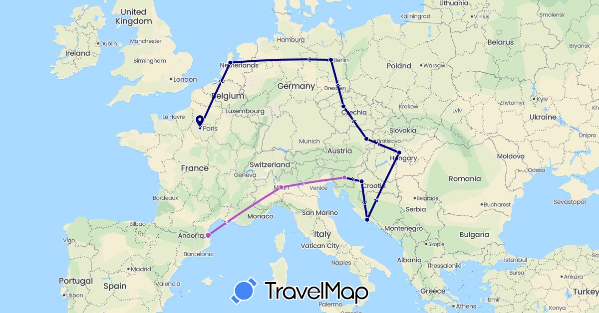 TravelMap itinerary: driving, train in Austria, Czech Republic, Germany, France, Croatia, Hungary, Italy, Netherlands, Slovenia (Europe)